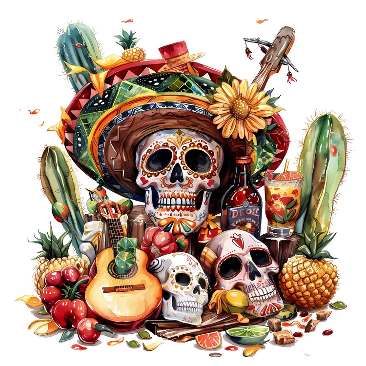Decorated Skull with Sombrero and Cactus