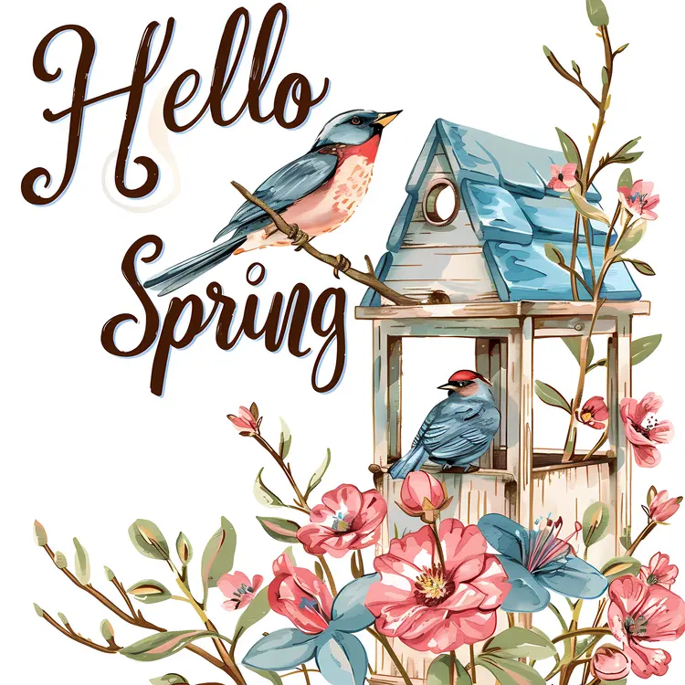 Birdhouse with Birds and Flowers