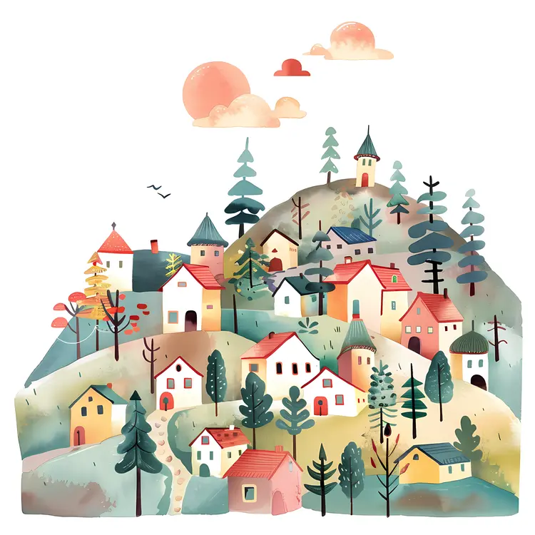 Cute Doodle Houses on a Hill