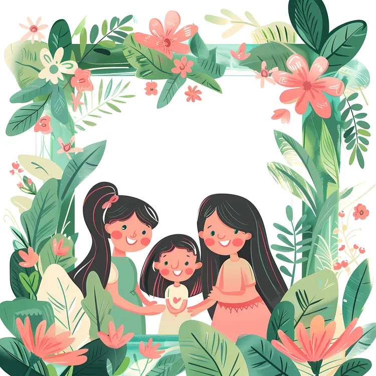 Happy Family Illustration with Floral Frame