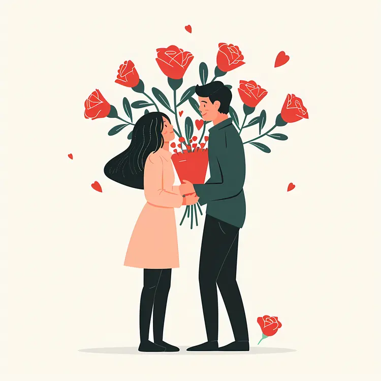 Couple Sharing a Romantic Bouquet of Roses