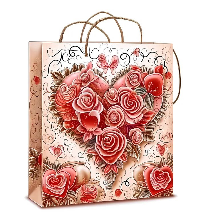 Floral Gift Bag with Heart and Roses for Valentine's Day