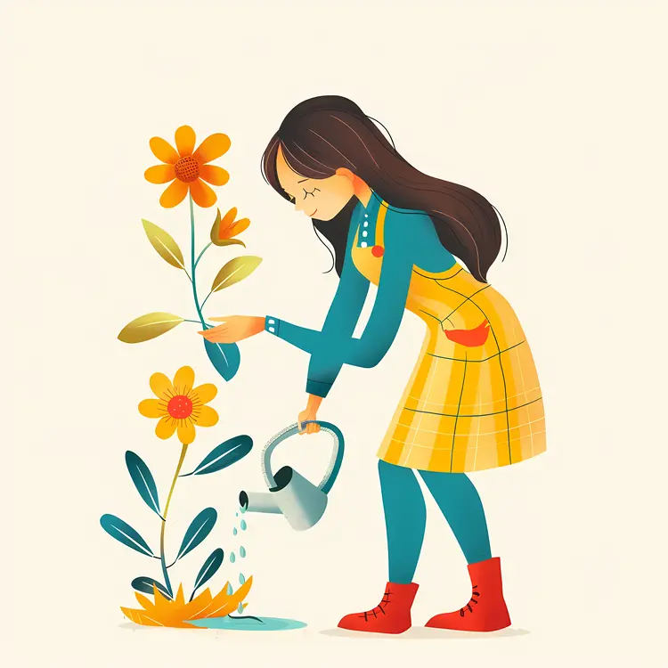 Girl Watering Flowers Illustration