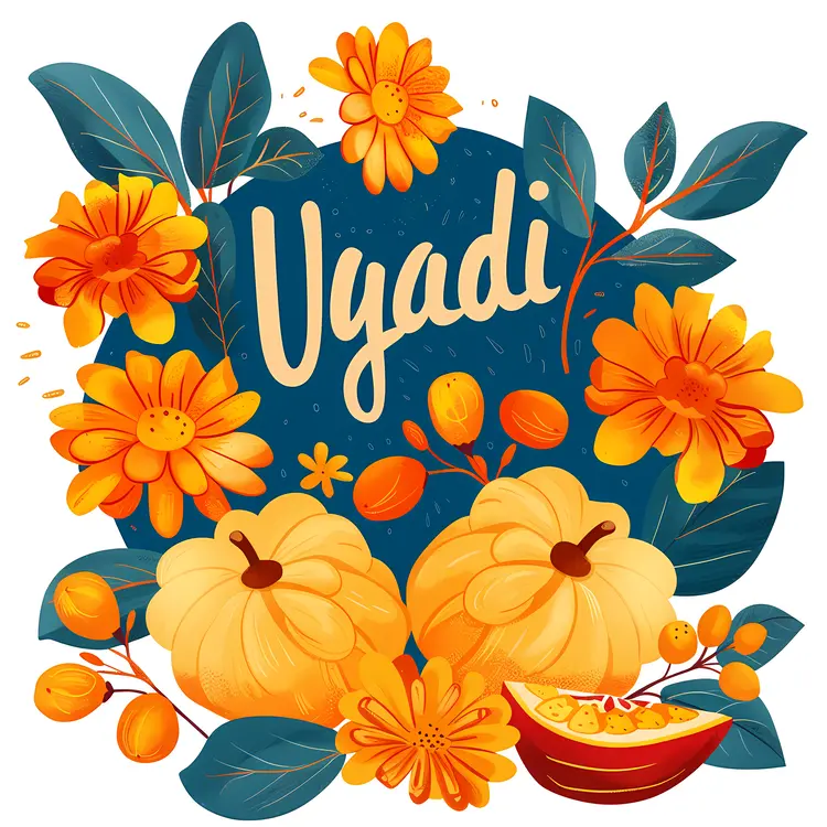 Ugadi Festival Illustration with Flowers and Pumpkins