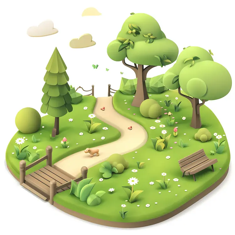 Green Trees in a Park with a Pathway and Bridge