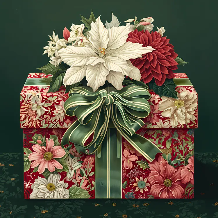 Gift Box with White and Red Flowers for Valentine's Day