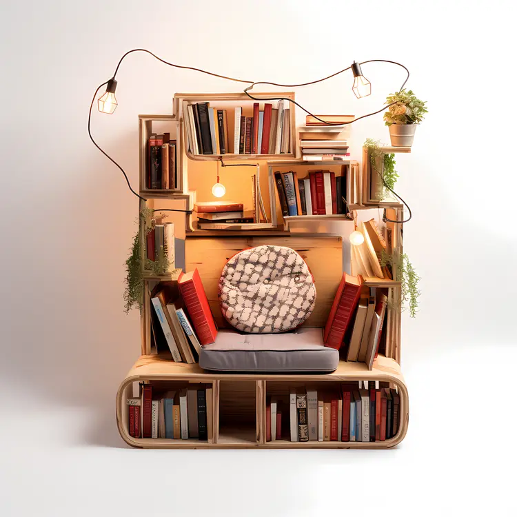 Cozy Reading Nook with Bookshelf and Lights