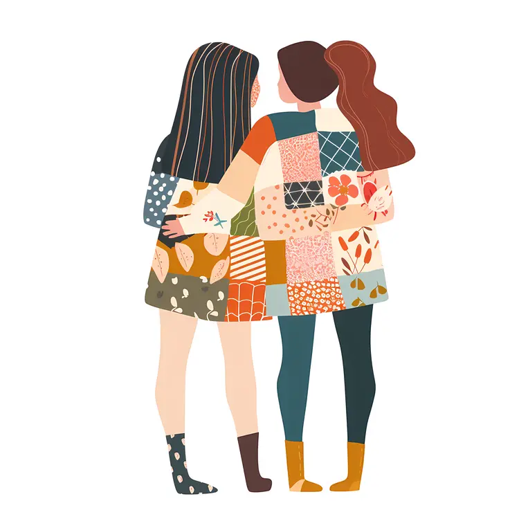 Three Women Hugging in Colorful Outfits