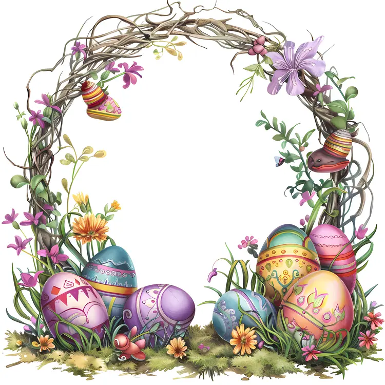 Colorful Easter Eggs with Floral Wreath