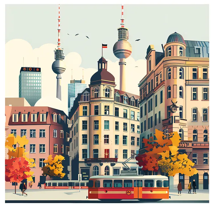 Cityscape with Buildings and Tram