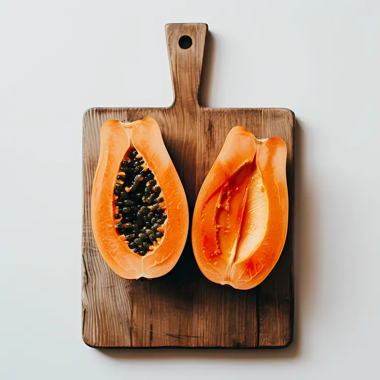 Papaya Halves on a Wooden Cutting Board