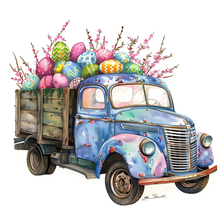 Vintage Blue Truck with Easter Eggs