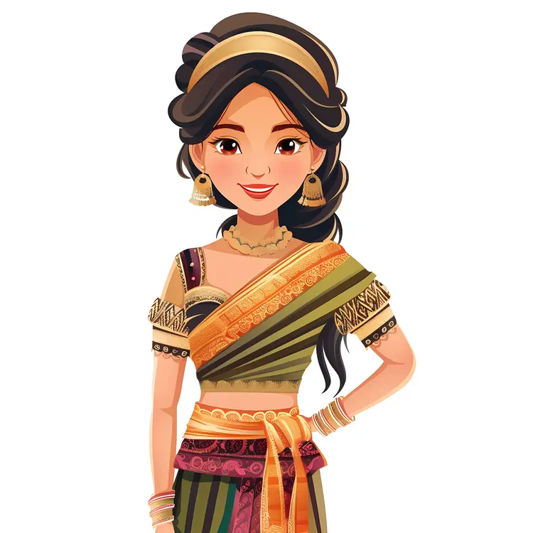 Woman in Traditional Green and Orange Dress Standing