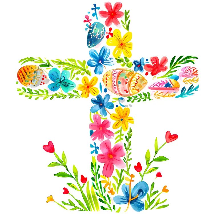 Colorful Floral Cross with Easter Eggs