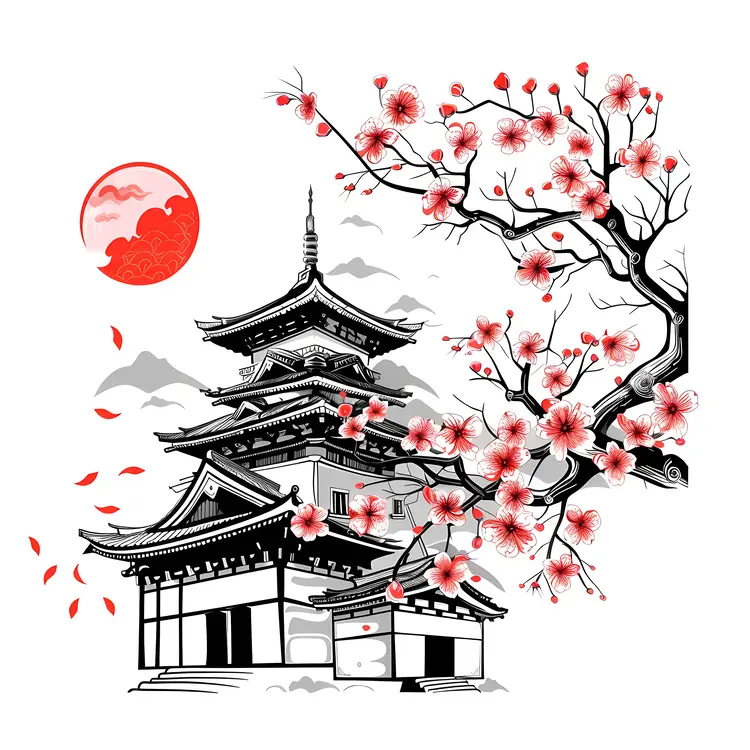 Japanese Pagoda with Cherry Blossoms and Red Sun