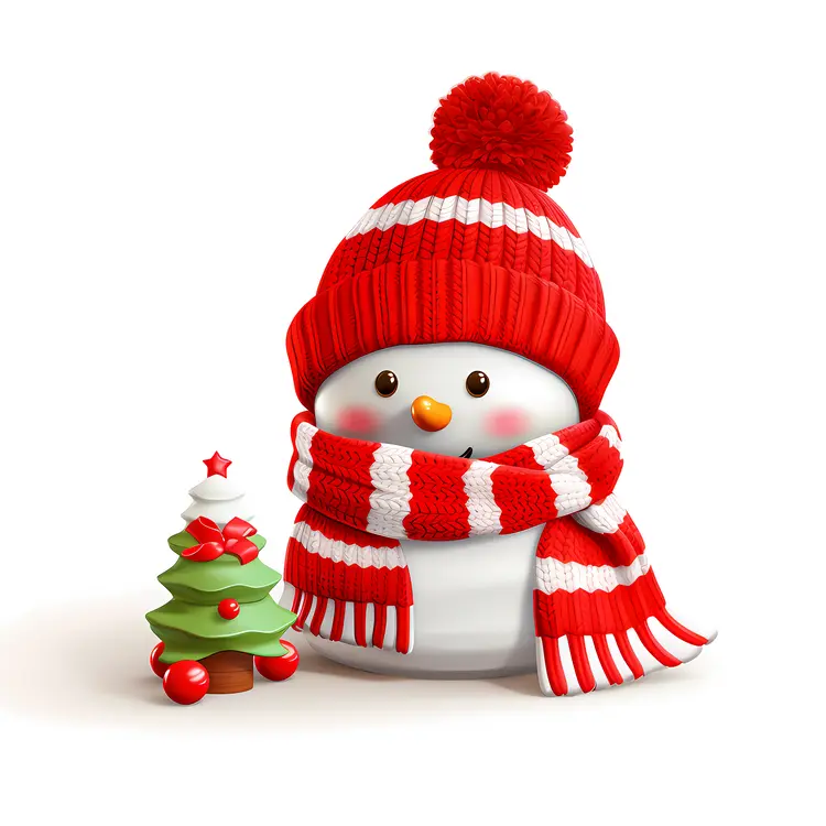 Cute Snowman with Red Hat and Striped Scarf