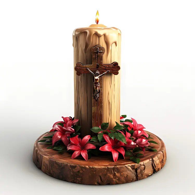 Decorative Candle with Wooden Cross and Flowers