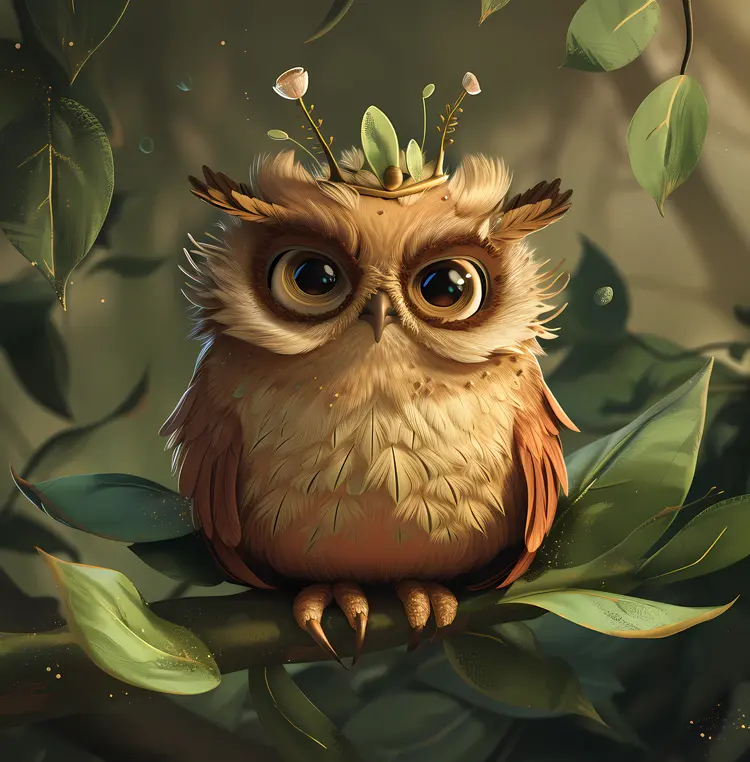 Wise Owl with Leaf Crown in Forest