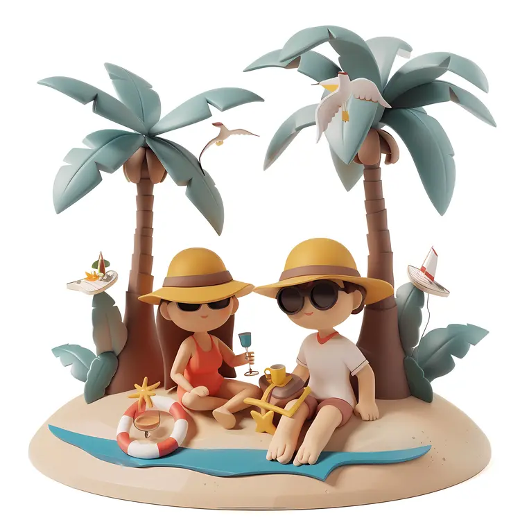 Family Relaxing Under Palm Trees at the Beach
