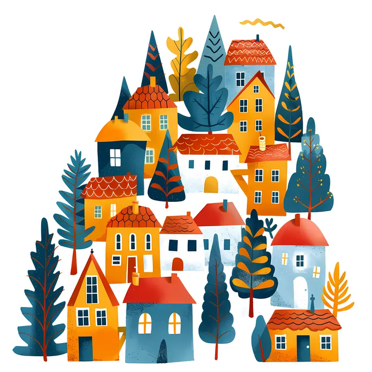 Colorful Doodle Houses on a Hill