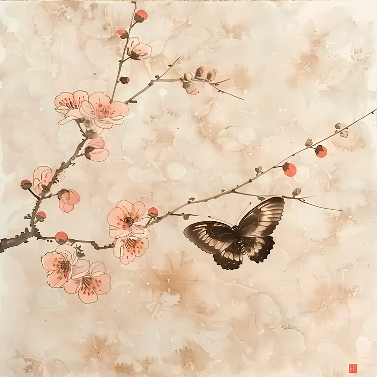 Butterfly and Cherry Blossoms in Spring