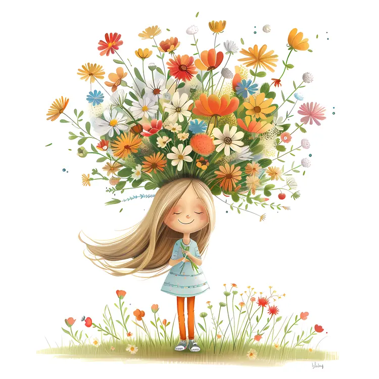 Cute Girl with Colorful Flowers Illustration