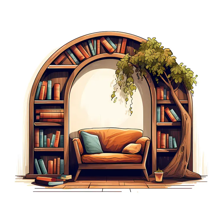 Arched Bookshelf with Tree and Armchair