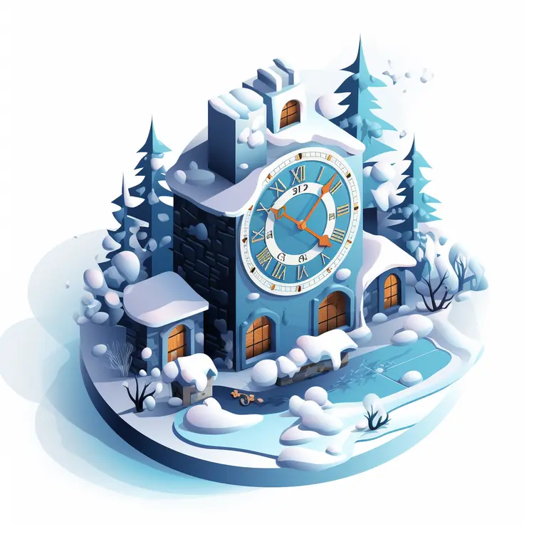 Snowy Clock Tower with Frozen Pond