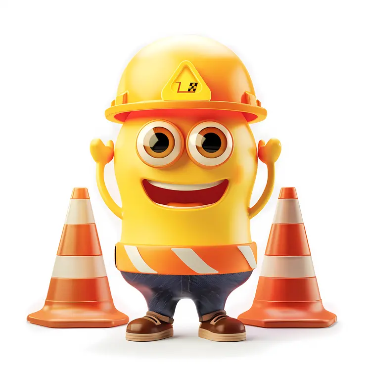 Happy Cartoon Worker with Traffic Cones