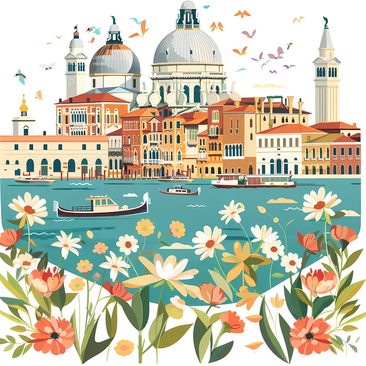 Buildings and Domes with Boats and Floral Elements in Venice