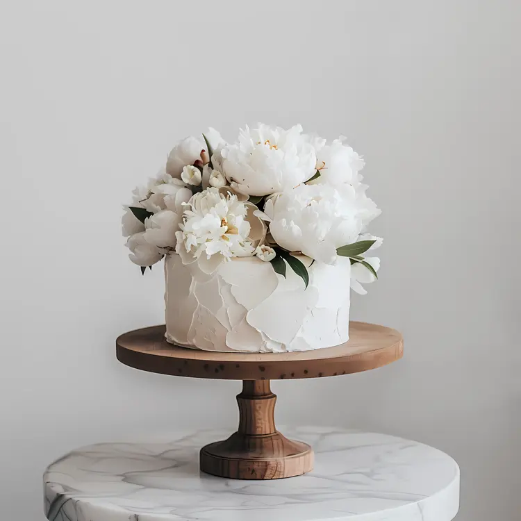 White Flower Cake on Wooden Stand