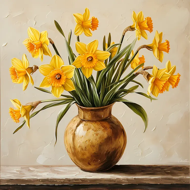 Yellow Daffodils in a Brown Vase on a Table