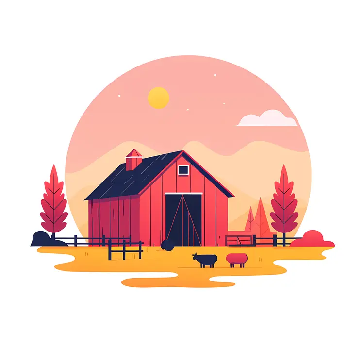Red Barn at Sunset with Farm Animals