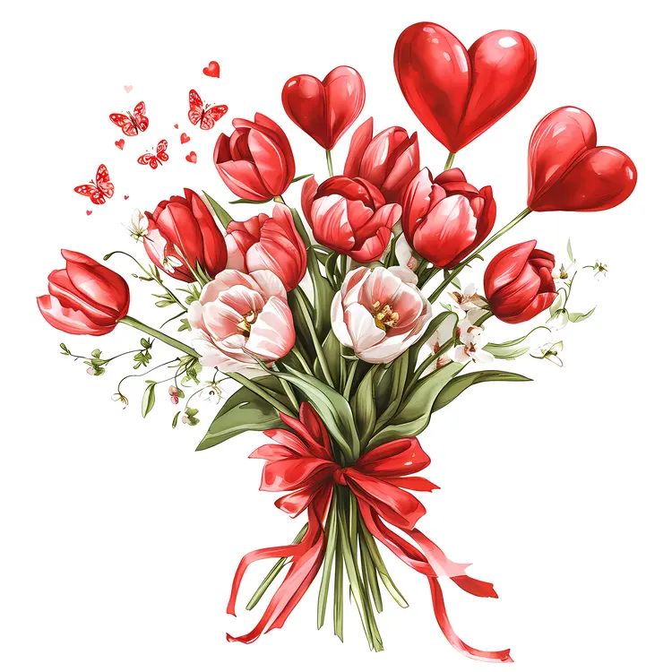 Bouquet of Tulips with Hearts and Butterflies
