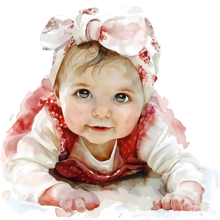 Smiling Baby in Red Dress with Headband Watercolor Portrait