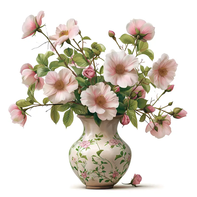 Lovely Pink Flowers in a Floral Patterned Vase