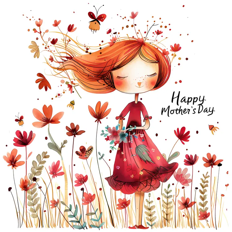 Cute Mother's Day Card with Girl and Flowers