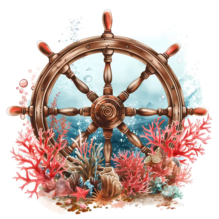 Ship Wheel with Coral and Bubbles