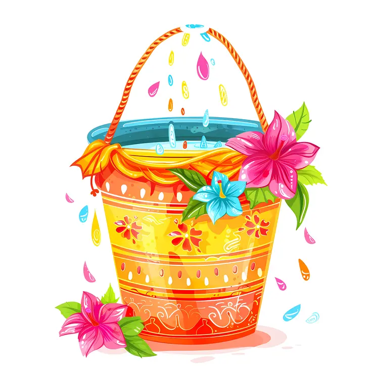Decorative Bucket with Flowers and Water Drops