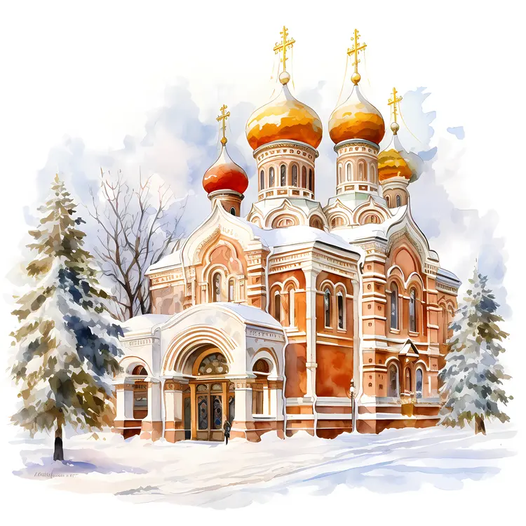 Snowy Church with Golden Domes