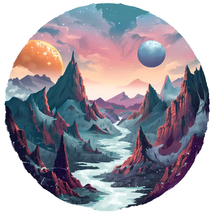 Fantasy Landscape with Mountains and Planets
