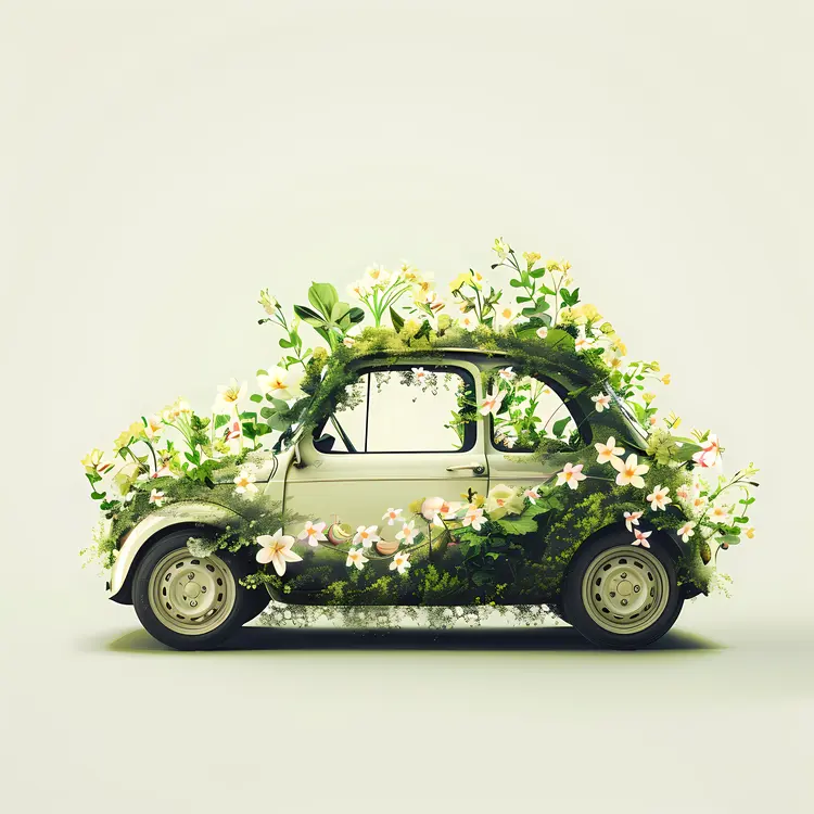 Side View of Vintage Car with Greenery and Flowers