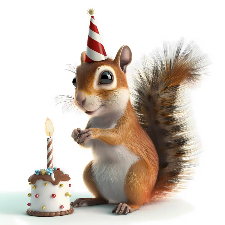 Cute Cartoon Squirrel with Birthday Cake and Hat
