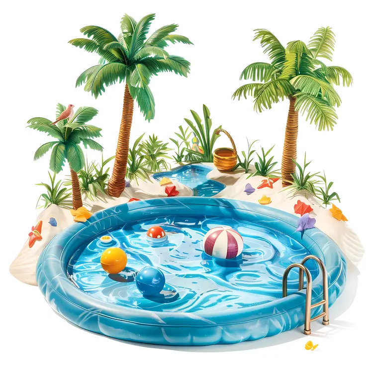 Round Pool with Palm Trees and Beach Balls