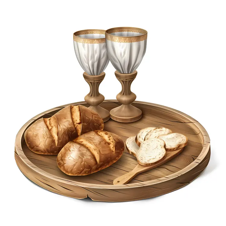 Bread and Goblets on Wooden Tray