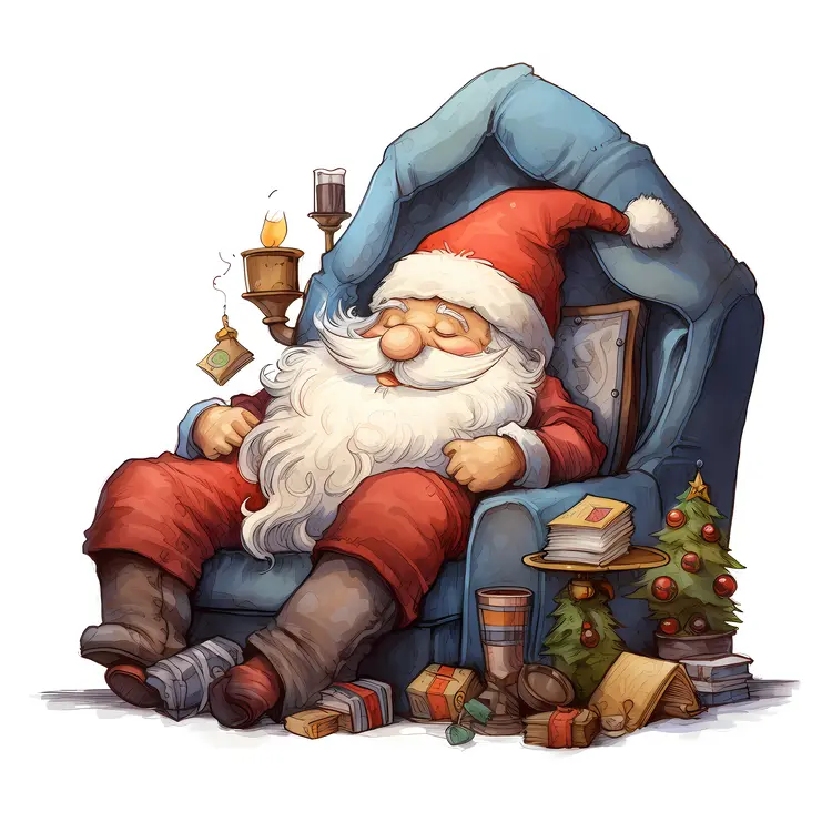 Santa Claus Sleeping in Chair with Christmas Gifts