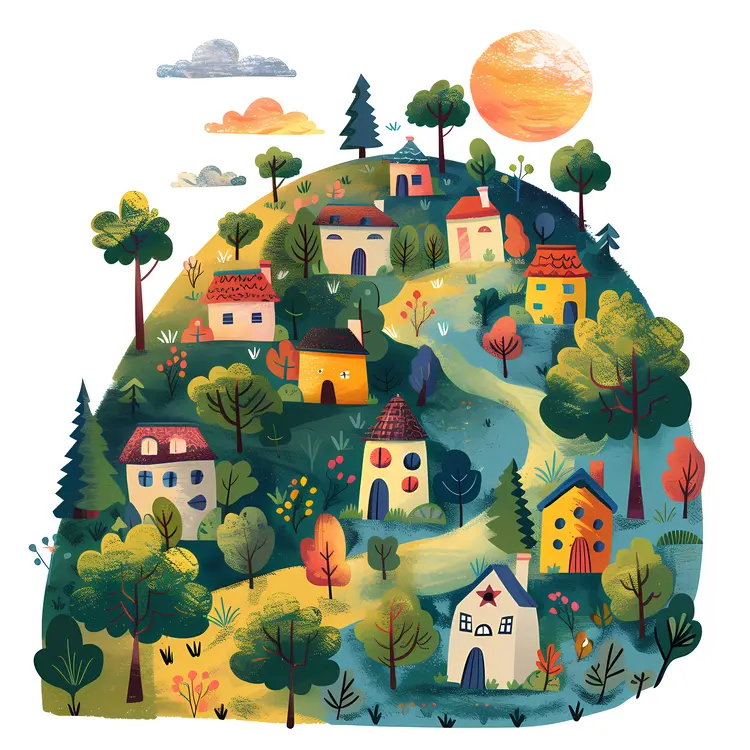 Colorful Doodle Houses on a Hill