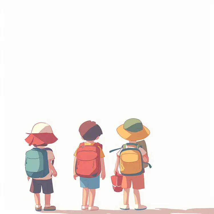 Three Children with Backpacks in Summer Clothing