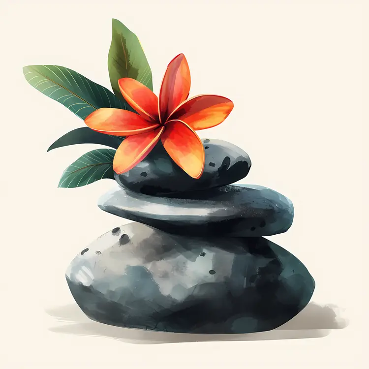 Zen Stacked Stones with Red Flower and Leaves