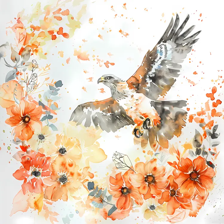 Eagle Soaring with Flowers